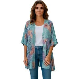 VTG‎ Cover Charge Kimono Cover Up Topper XL Floral Open Front Fairy Flowy USA